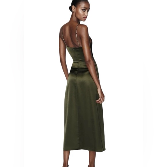 ZARA | NWT Satin Effect Beaded Slip Midi Dress in Khaki/Olive Green, Size Small - Picture 3 of 12